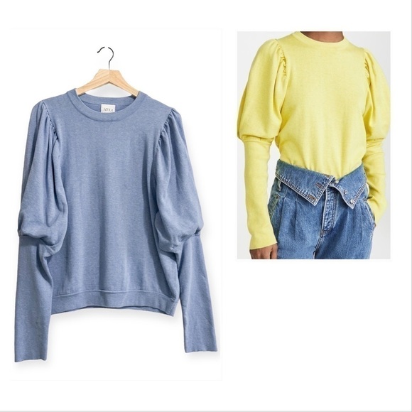 MISA‎ Los Angeles Kali Puff-Shoulder Sweater, Cotton/Cashmere, Blue, Size M - Picture 1 of 13